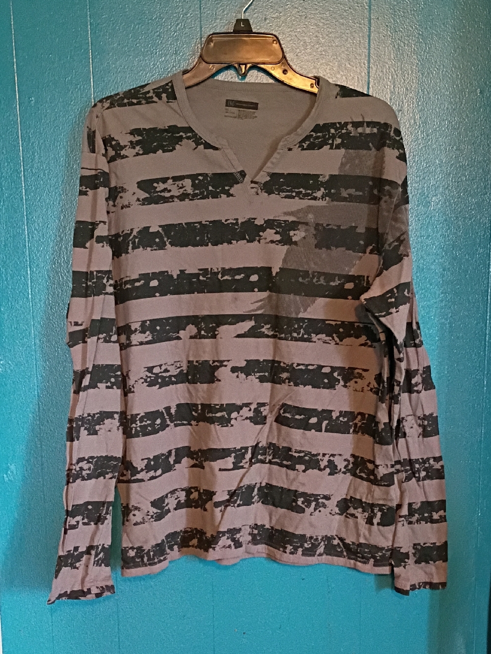 INC International Concepts Gray and Black Striped Long Sleeve Tee